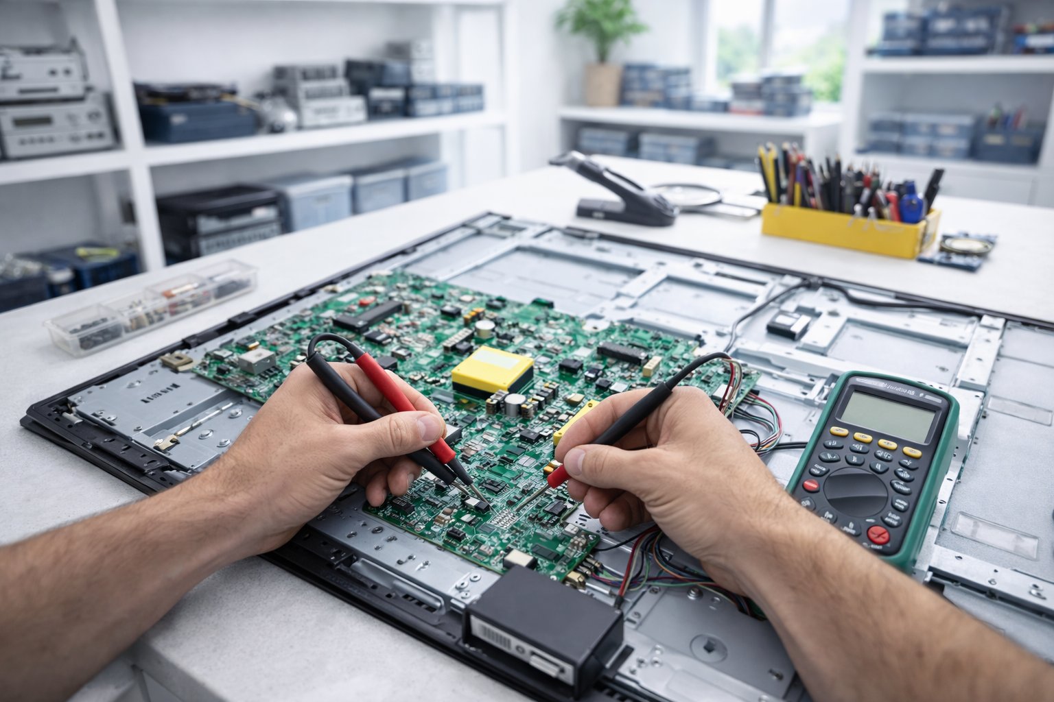 Técnico de Barnavision reparando la placa de un televisor en el taller